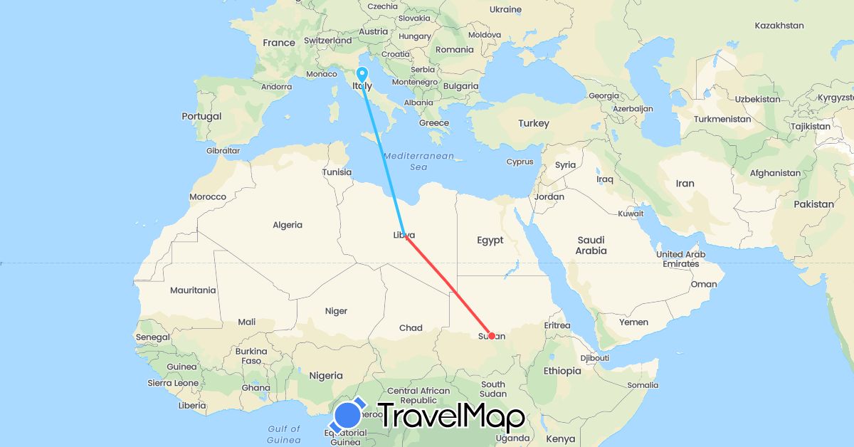 TravelMap itinerary: driving, hiking, boat in Italy, Libya, Sudan (Africa, Europe)